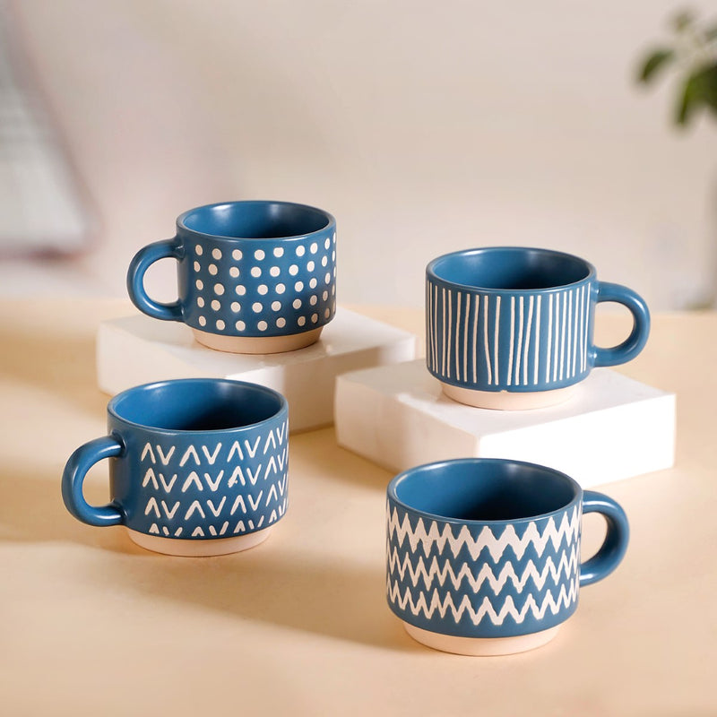 Eclectic Stackable Cups Set Of 4 With Stand Blue 180ml - Tea cups, tea cup set, coffee cups, coffee cup set, ceramic cups, ceramic tea cups