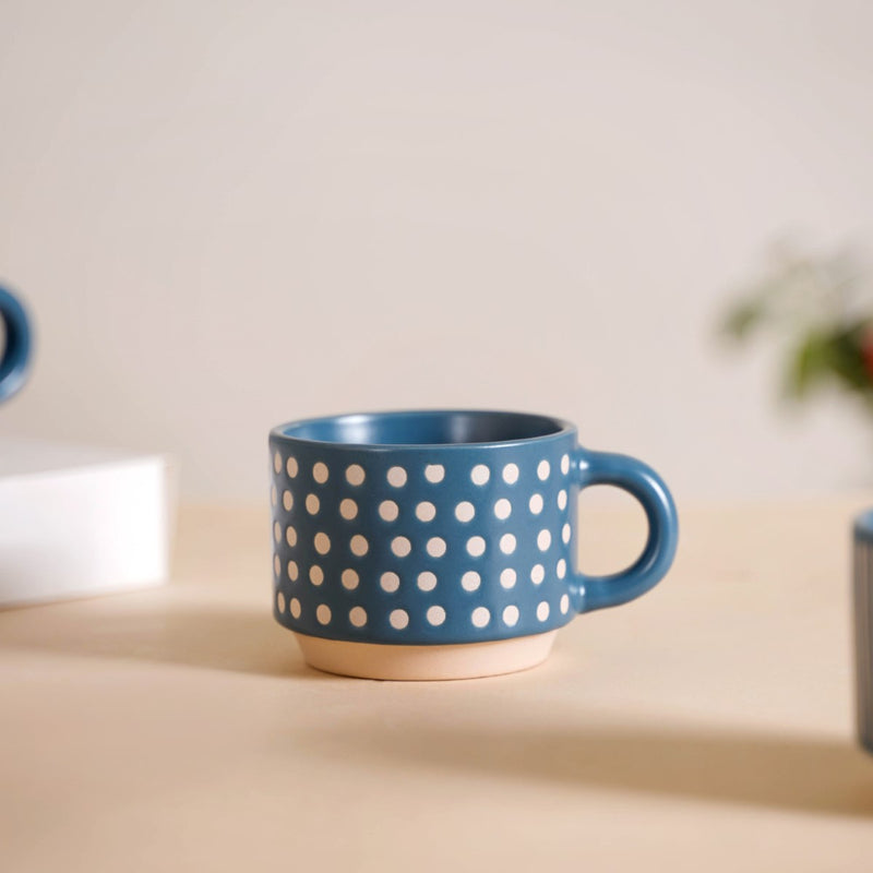 Eclectic Stackable Cups Set Of 4 With Stand Blue 180ml - Tea cups, tea cup set, coffee cups, coffee cup set, ceramic cups, ceramic tea cups