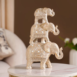 Elephant Family Pyramid With Mirrorwork White- Mirrorwork Decor, White Elephant Figurine, Decorative Elephant Pyramid, Elephant Family Sculpture