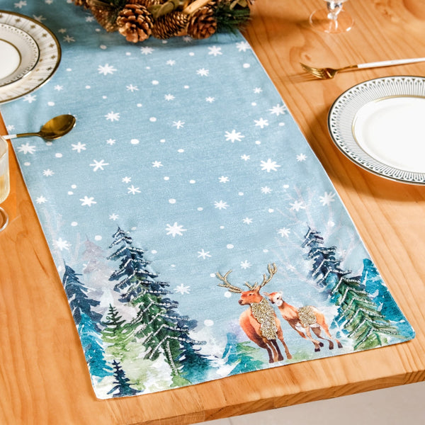 Stag And Doe In Snow Print Embellished Dining Table Runner