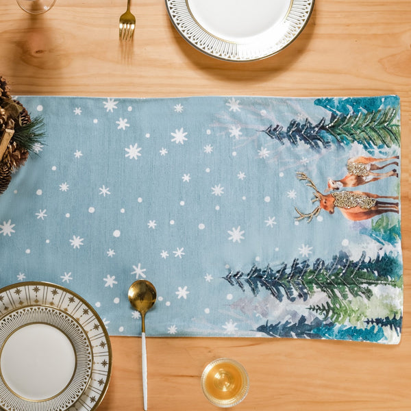 Stag And Doe In Snow Print Embellished Dining Table Runner
