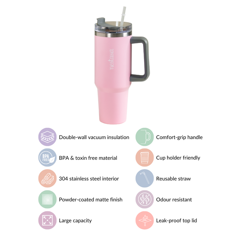 Stainless Steel Vacuum Insulated Tumbler With Lid Pink 1200ml- Stainless steel water bottle, insulated water bottle, water bottle with straw