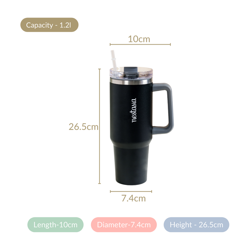 Tall Insulated Travel Water Bottle Leakproof Black 1200ml- Water bottle, stainless steel water bottle, insulated water bottle, water bottle with straw
