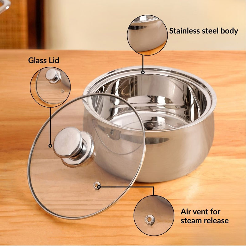 Stainless Steel Double Walled Casserole With Glass Lid 1000ml