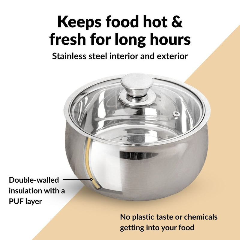 Stainless Steel Double Walled Casserole With Glass Lid 1000ml