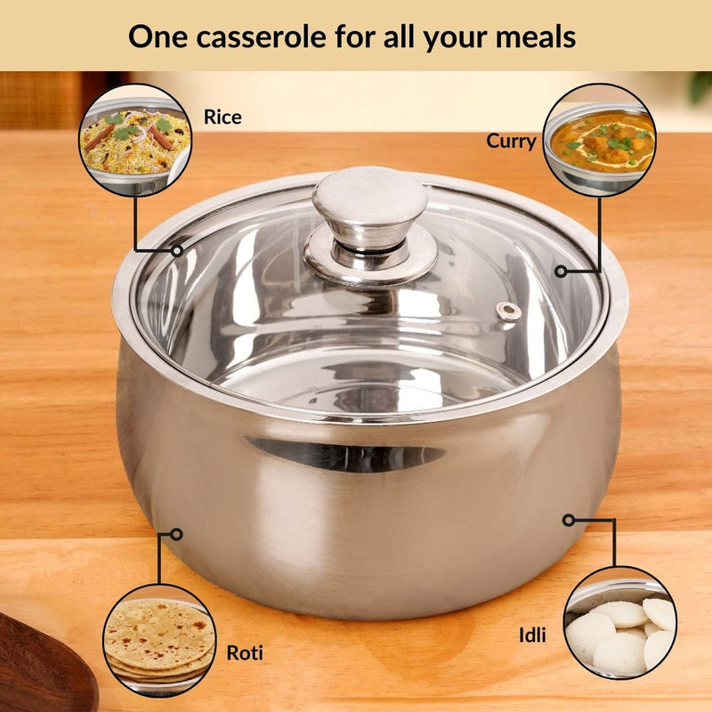 Stainless Steel Insulated Casserole With Glass Lid 2000ml