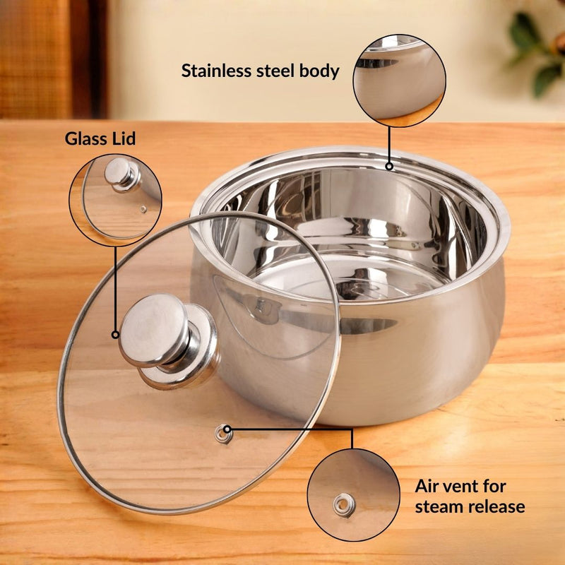 Stainless Steel Insulated Casserole With Glass Lid 2000ml