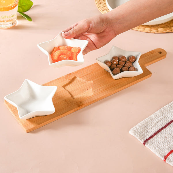 Set Of 3 White Star Ceramic Bowls With Wooden Tray 80ml