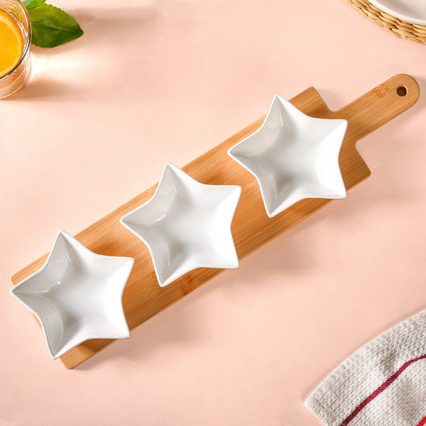 Set Of 3 White Star Ceramic Bowls With Wooden Tray 80ml