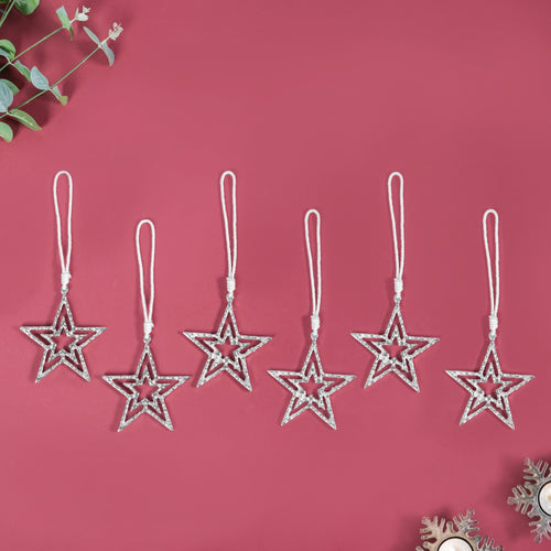 Set Of 6 Silver Star Christmas Tree Decoration Ornaments
