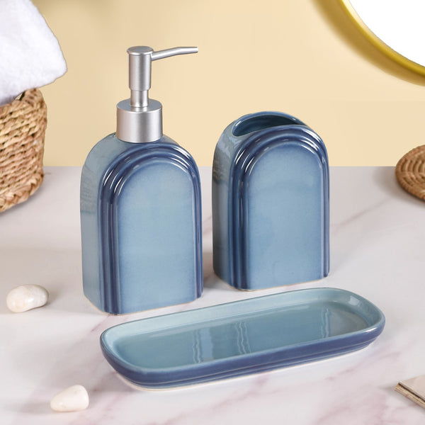 Art Deco Stoneware Bathroom Set of 3 Ocean Blue