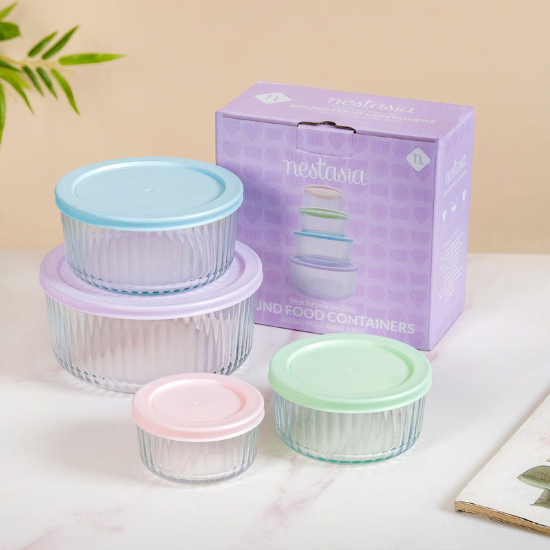 Set Of 4 Round Fluted Glass Food Storage Container With Lid