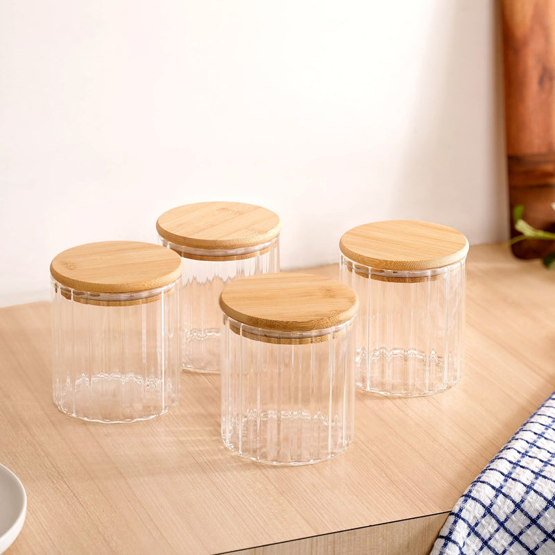 High Borosilicate Airtight Glass Jar With Wooden Lid Set Of 4 610ml