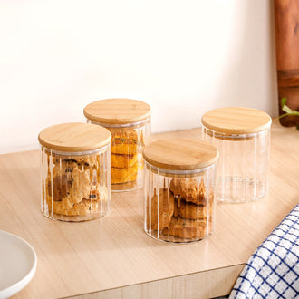 High Borosilicate Airtight Glass Jar With Wooden Lid Set Of 4 610ml