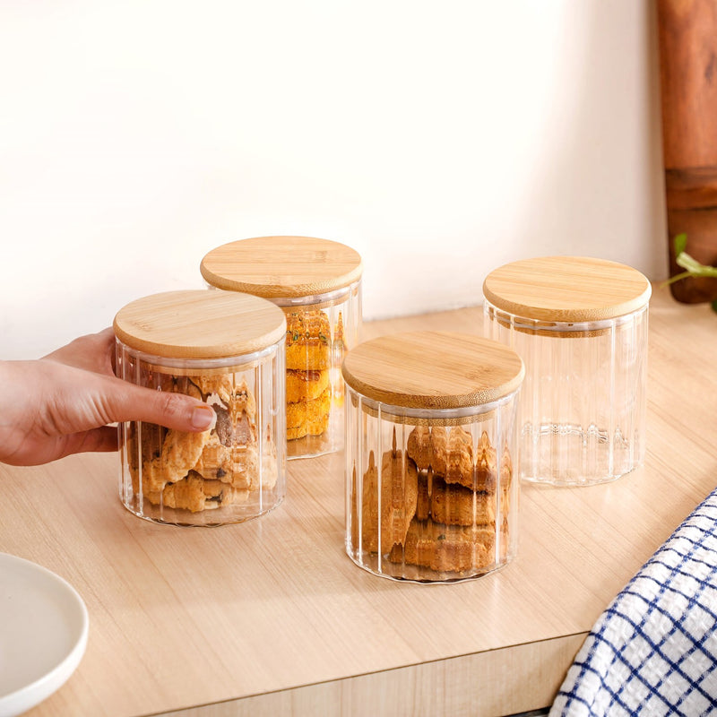 High Borosilicate Airtight Glass Jar With Wooden Lid Set Of 4 610ml
