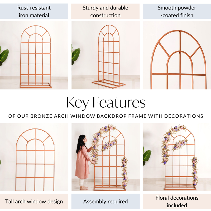 Bronze Arch Window Metal Backdrop Frame With Decorations 42 InchBronze Arch Window Frame, Metal Backdrop Decorations, Decorative Arch Frame, Bronze Window Decor, Arch Frame with Embellishments