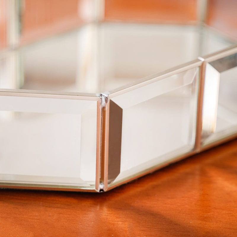 Crystal Mirror Base Vanity Tray Silver Small- Polygon Crystal Vanity Tray, Mirrored Base Tray, Silver Vanity Tray, Decorative Crystal Tray