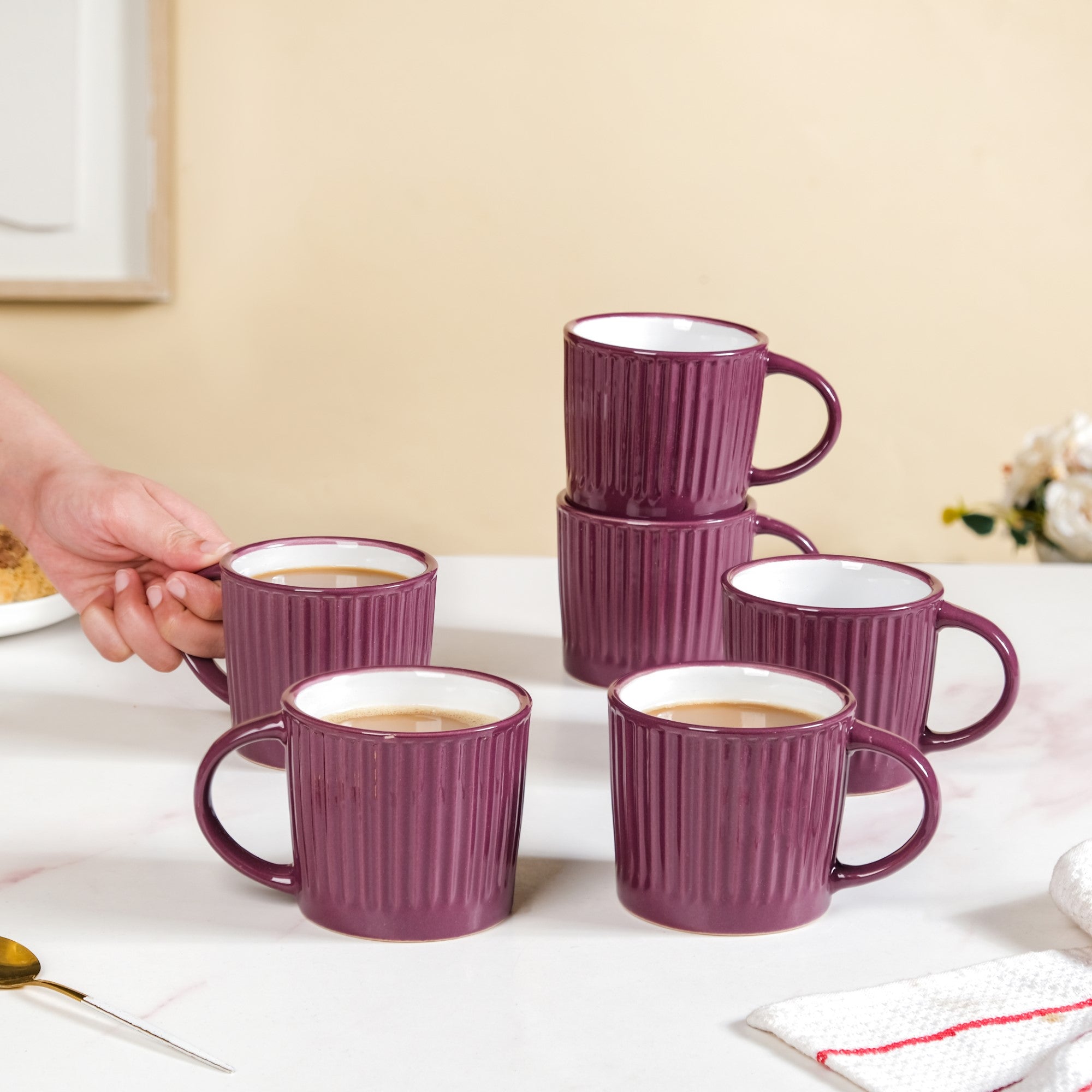 〜32mamecafe 〜 Cresta Ceramic Coffee Cup Set Of 6 Purple 300ml Online - Premium
