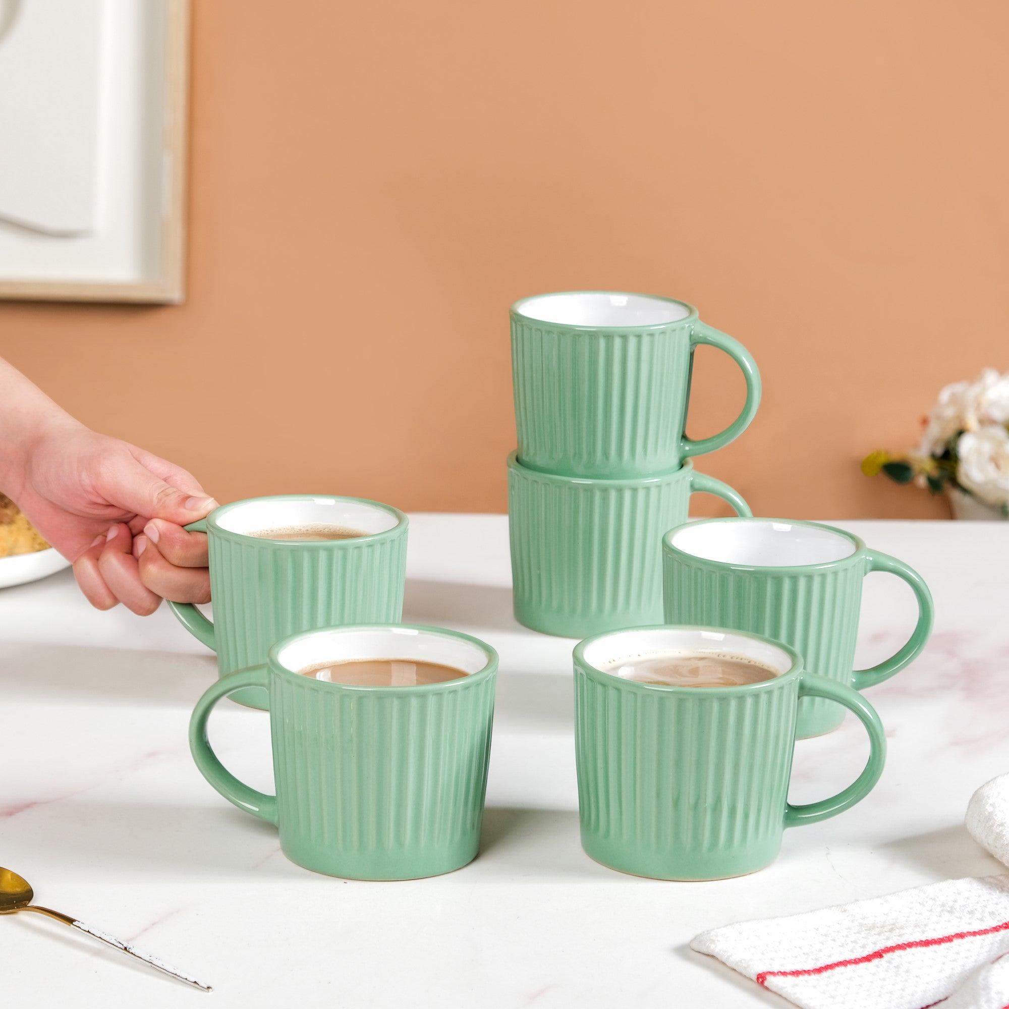 Cresta Set Of 6 Ceramic Coffee Mug Green 300ml Online - Premium