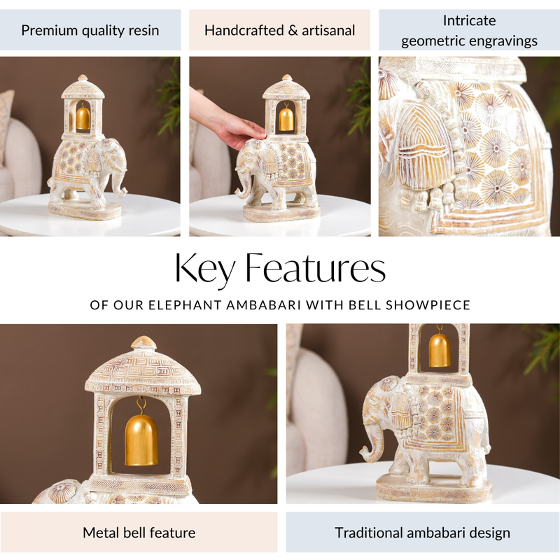 Decorated Elephant With Gold Bell Showpiece White- White Showpiece, Bell Figurine, Decorative Elephant, Home Decor, Ambabari Statue, Bell Ornament