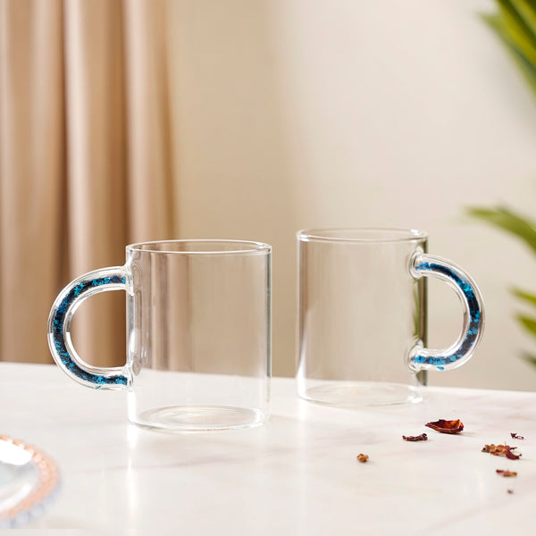 Set Of 2 Blue Sparkle Filled Handle Glass Coffee Cups 425ml