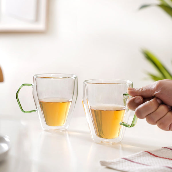 Set Of 2 Double Wall Glass Mugs With Green Handle 250ml