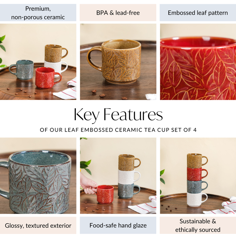 Leaf Embossed Ceramic Tea Cup Set Of 4 250ml