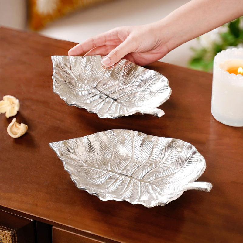Silver Colocasia Leaf Metal Tray Set Of 2