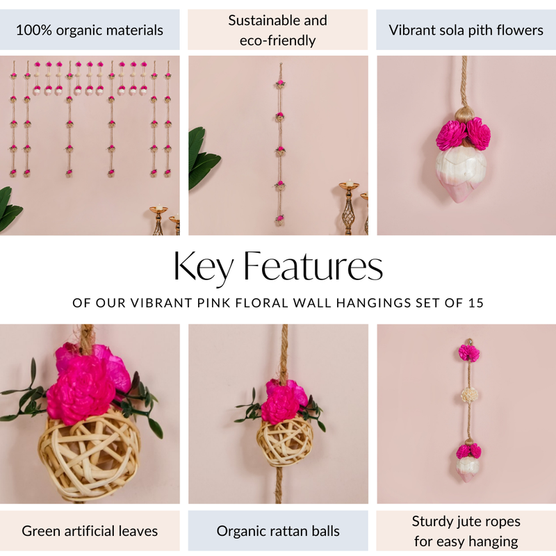 Vibrant Pink Floral Wall Hangings Set Of 15