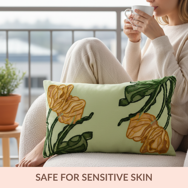 Sunlit Tulip Embroidered Cotton Cushion 50x30cm