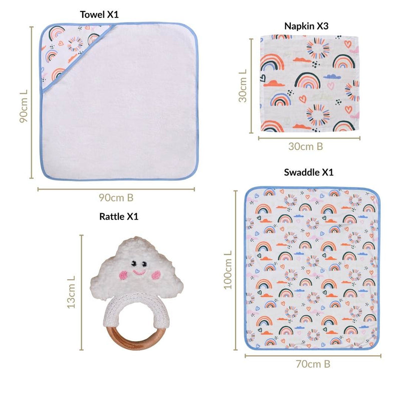 Rainbow Toddler Gift Hamper With Swaddle Towel Napkin Rattle Set Of 6