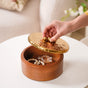 Polished Wood Round Decorative Box With Metal Lid 6 Inch