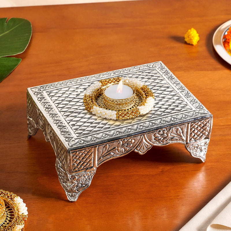 Flora Rectangle Pooja Chowki Silver