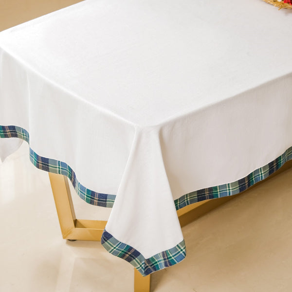 White Table Cloth With Blue Plaid Border