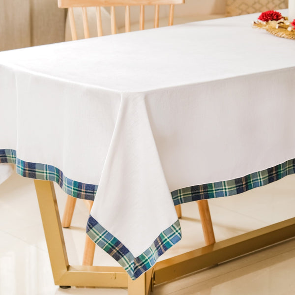 White Table Cloth With Blue Plaid Border