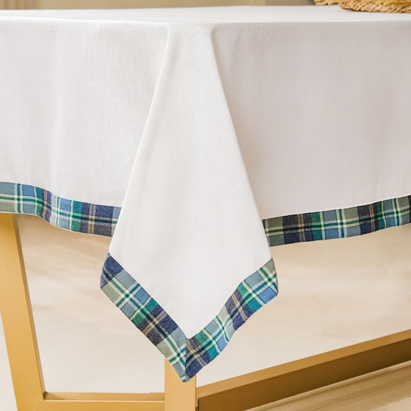 White Table Cloth With Blue Plaid Border