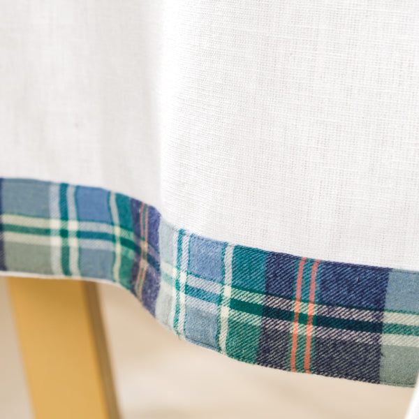 White Table Cloth With Blue Plaid Border