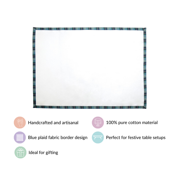 White Table Cloth With Blue Plaid Border