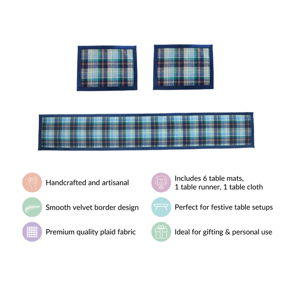 Blue Plaid Table Mat And Runner Set Of 7
