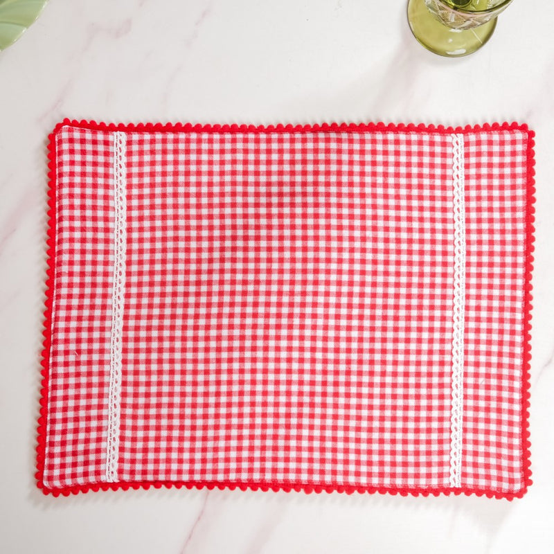 Red Checkered Cotton Table Runner With 6 Table Mats