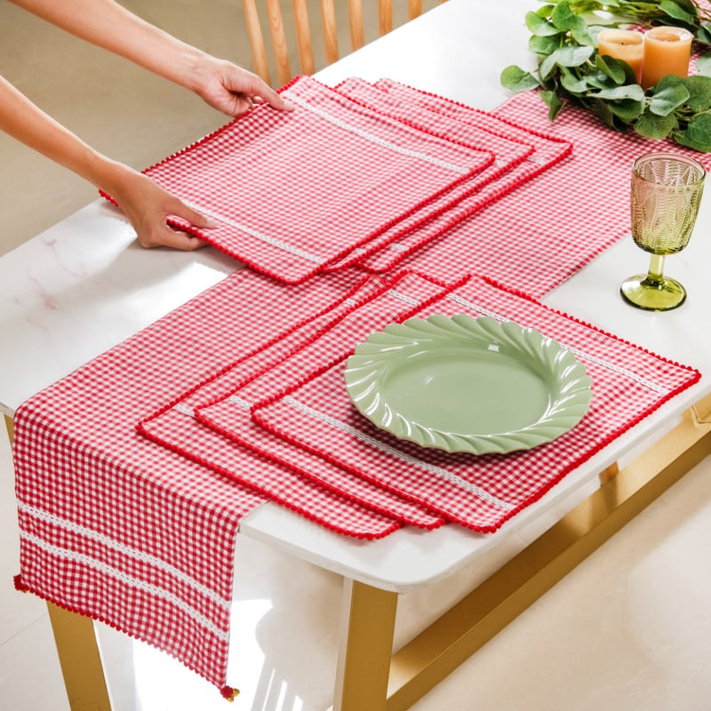 Red Checkered Cotton Table Runner With 6 Table Mats