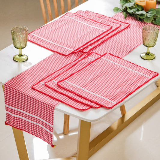 Red Checkered Cotton Table Runner With 6 Table Mats