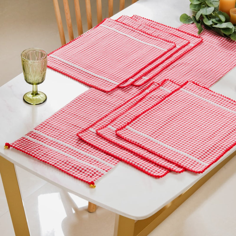 Red Checkered Cotton Table Runner With 6 Table Mats