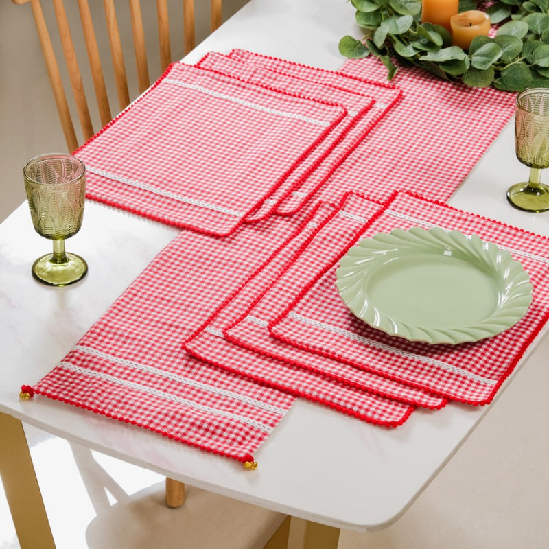 Red Checkered Cotton Table Runner With 6 Table Mats