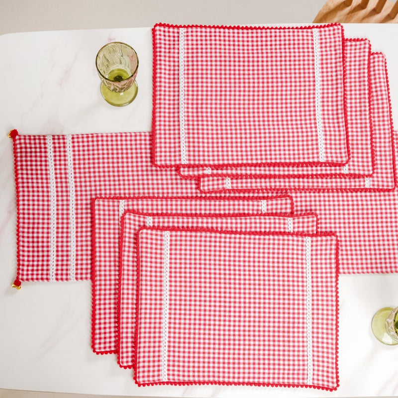 Red Checkered Cotton Table Runner With 6 Table Mats