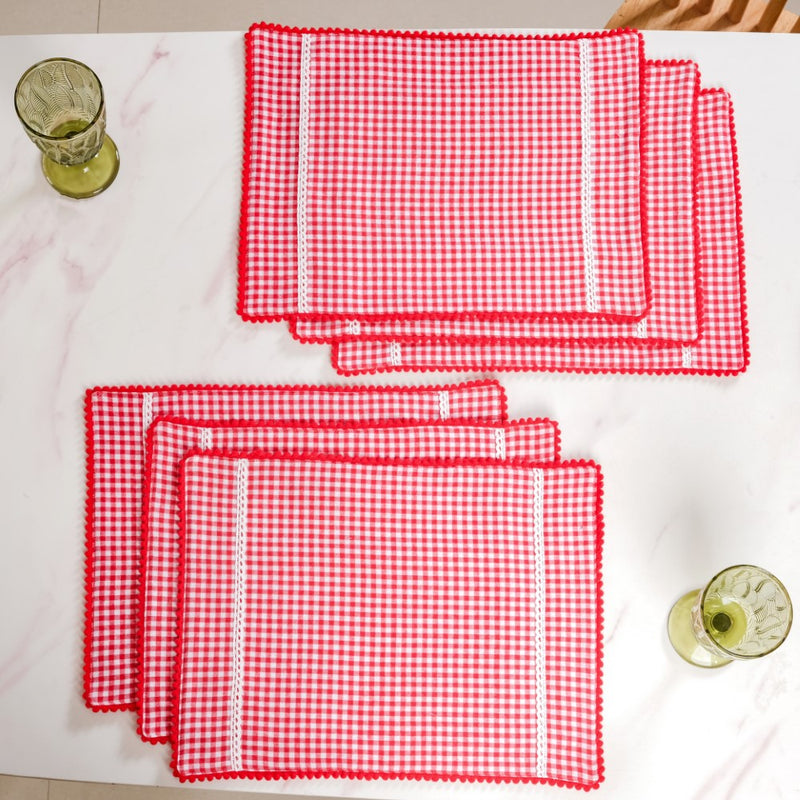 Red Checkered Cotton Table Runner With 6 Table Mats