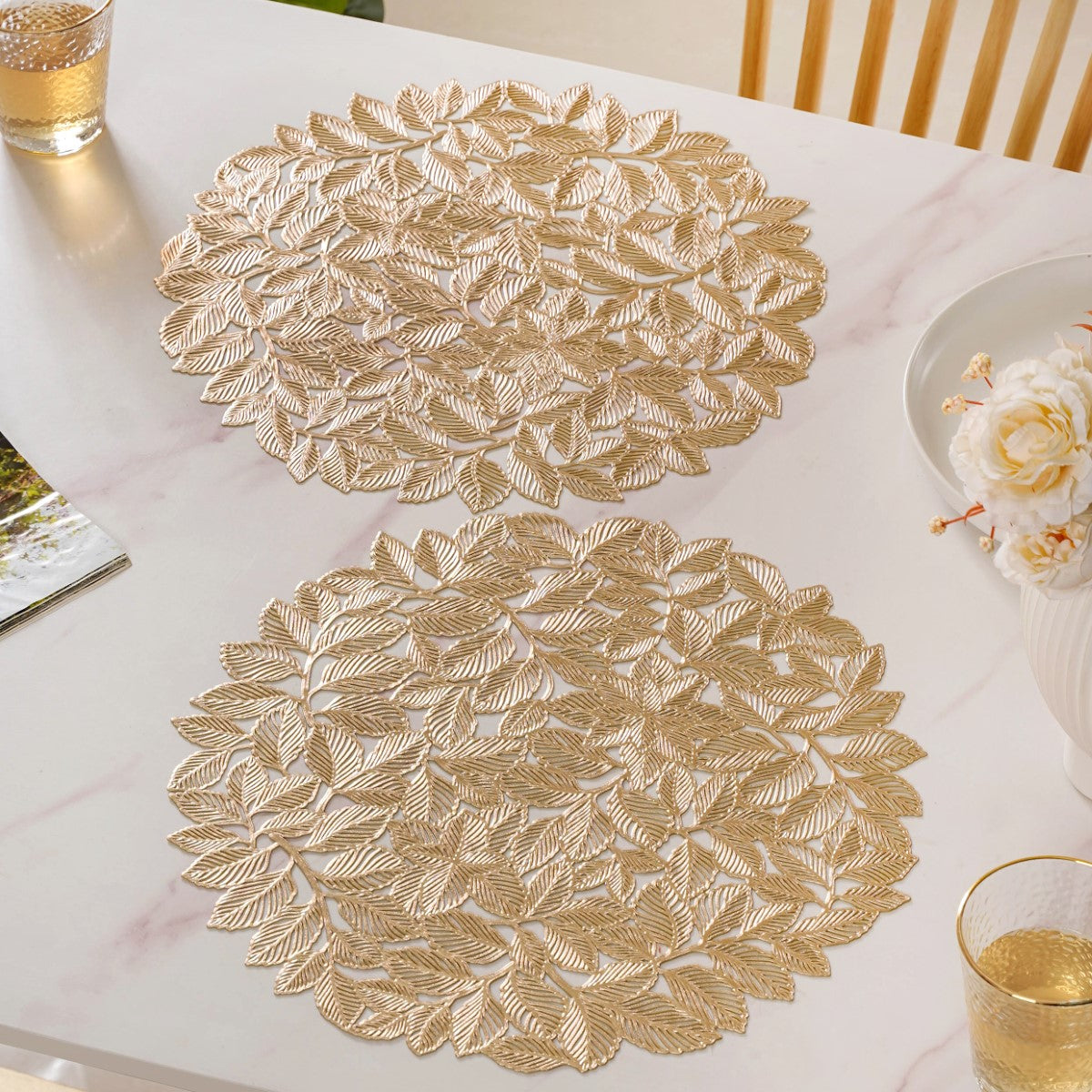 Round Gold Leaf Waterproof Placemat Set Of 6 Online - Premium Table Mat ...