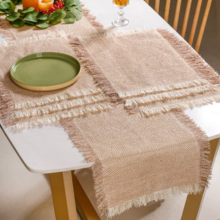Woven Set Of Long Runner and 6 Table Mats Beige