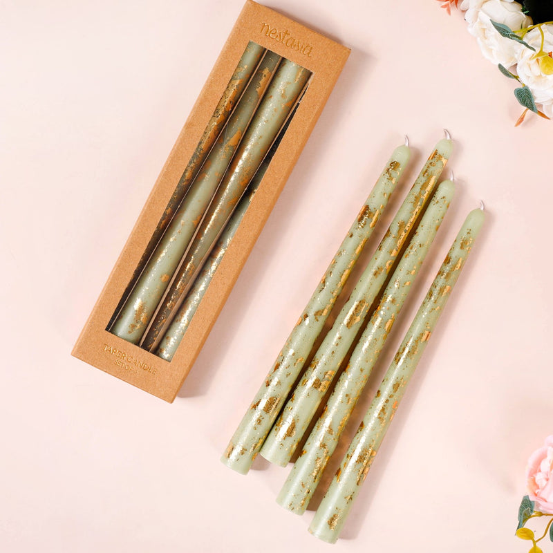 Serene Green Taper Candles With Gold Leaf Design Set Of 8
