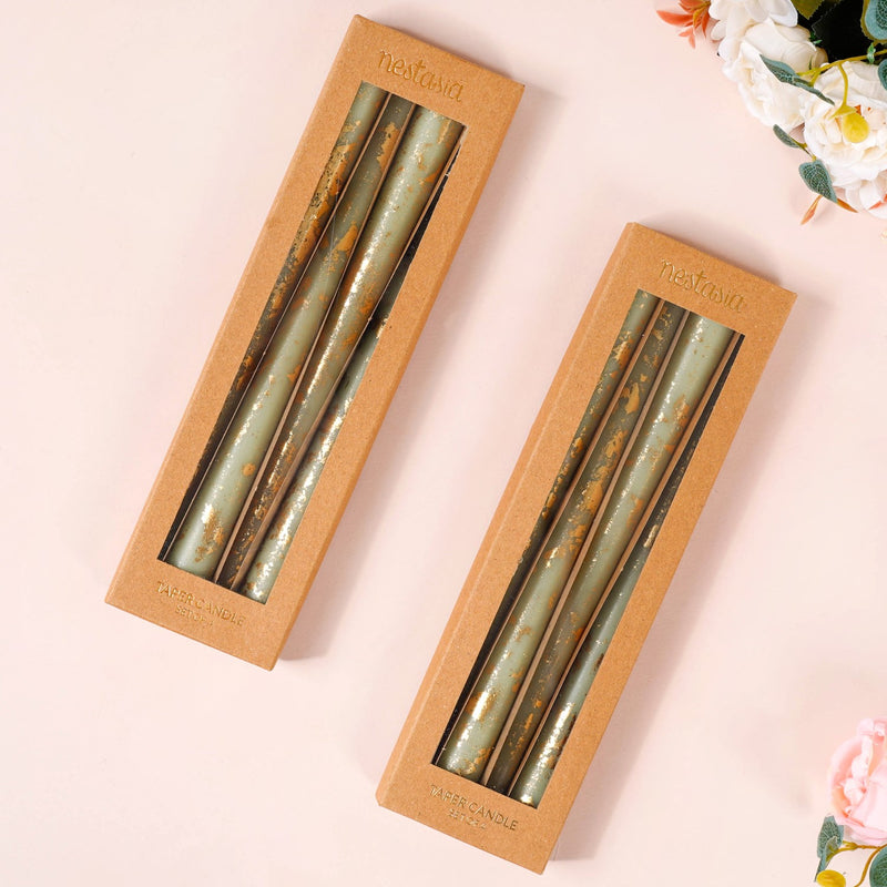 Serene Green Taper Candles With Gold Leaf Design Set Of 8